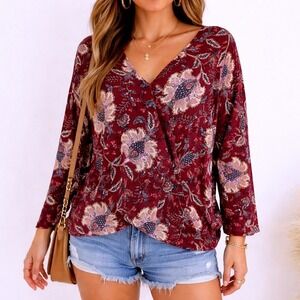 Chenault Boho Floral Wrap Blouse‎ Womens Large Burgundy Cottagecore Romantic Top